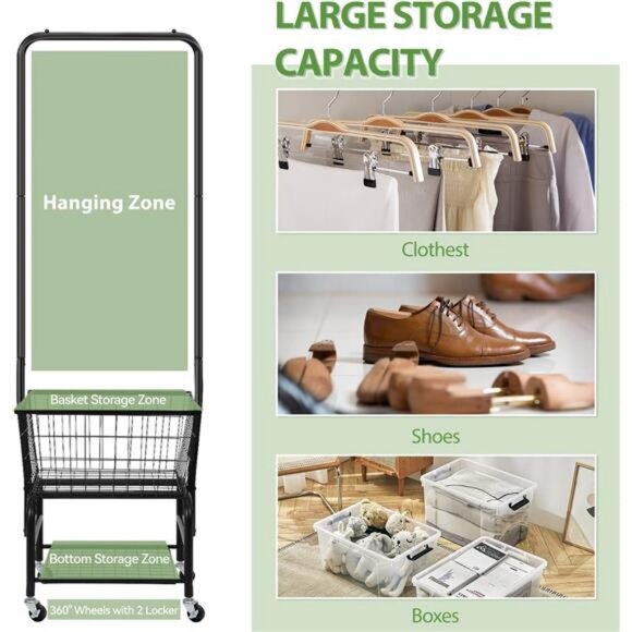 Laundry Cart with Wheels and Hanging Rack, Rolling Laundry Basket Clothes Rack - Picture 4 of 7